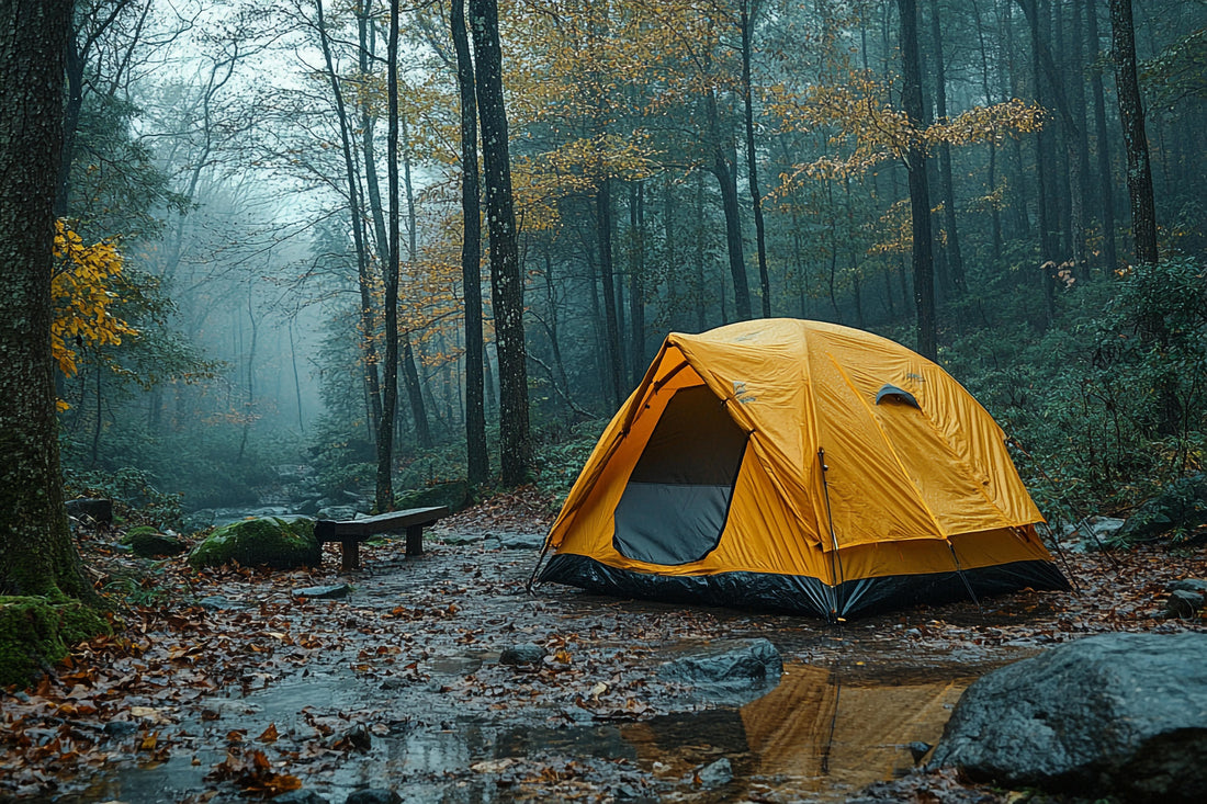 Yellow tent in a misty forest. Fallen leaves cover the ground, with a wooden bench nearby. Moody, serene atmosphere.