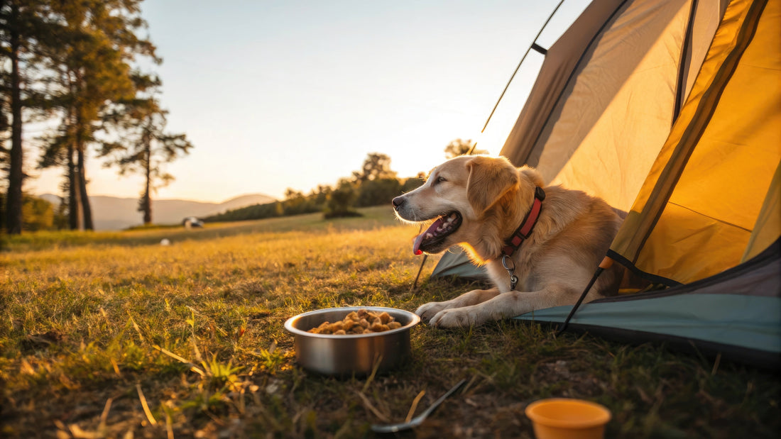 Content golden retriever relaxing outside the tent with a joyful mood during a camping adventure