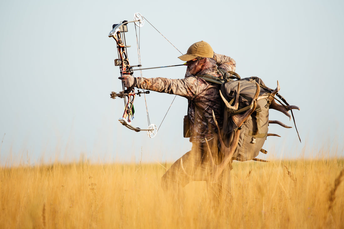 Archery hunter with his bow drawn back ready for a shot