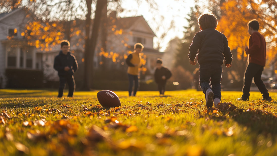 kids playing football on an fall day 