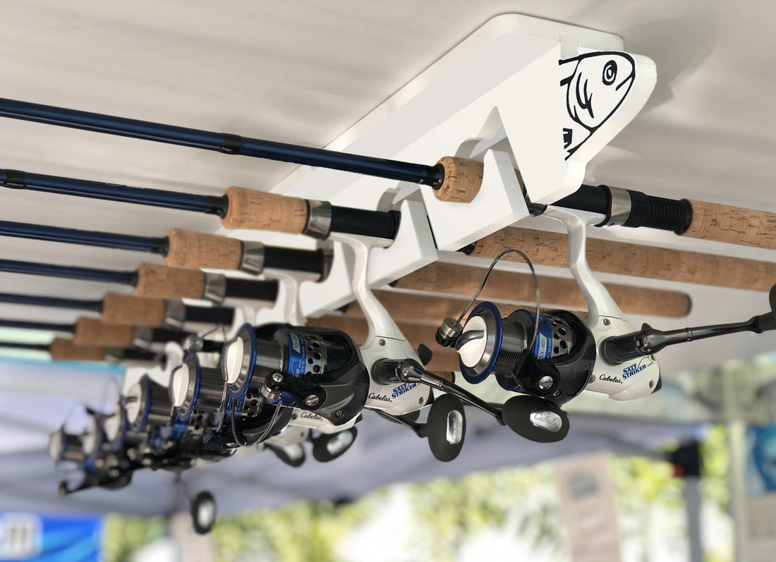 white fishing rod rack on ceiling