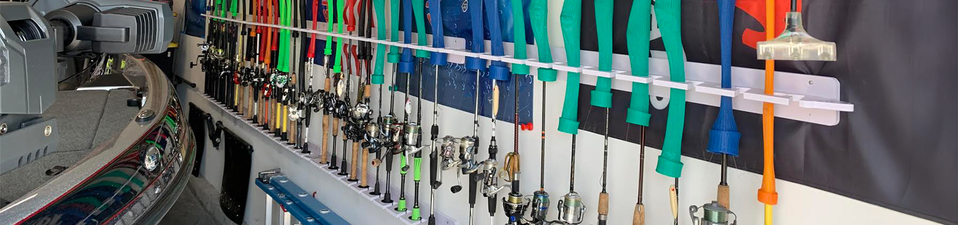 white fishing rod rack in a garage