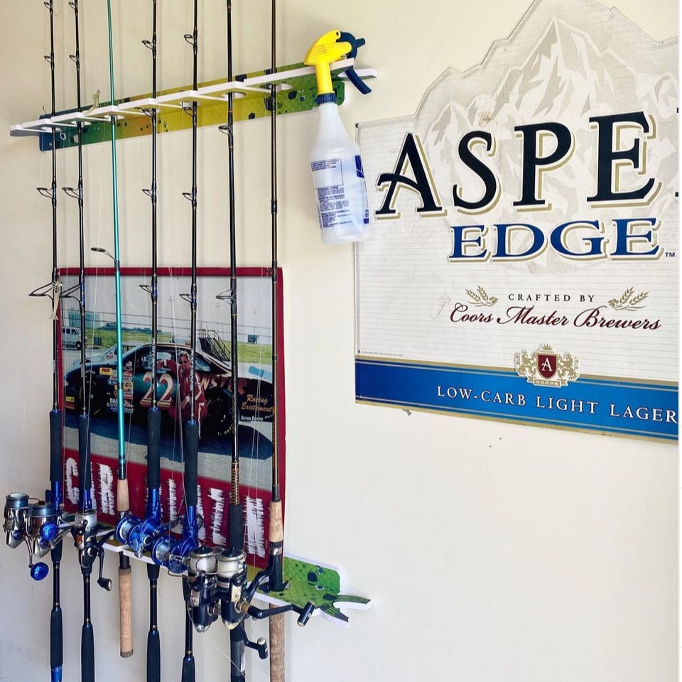 Mahi 7-Holder Fishing Rod Rack Set (Interlocking) in garage