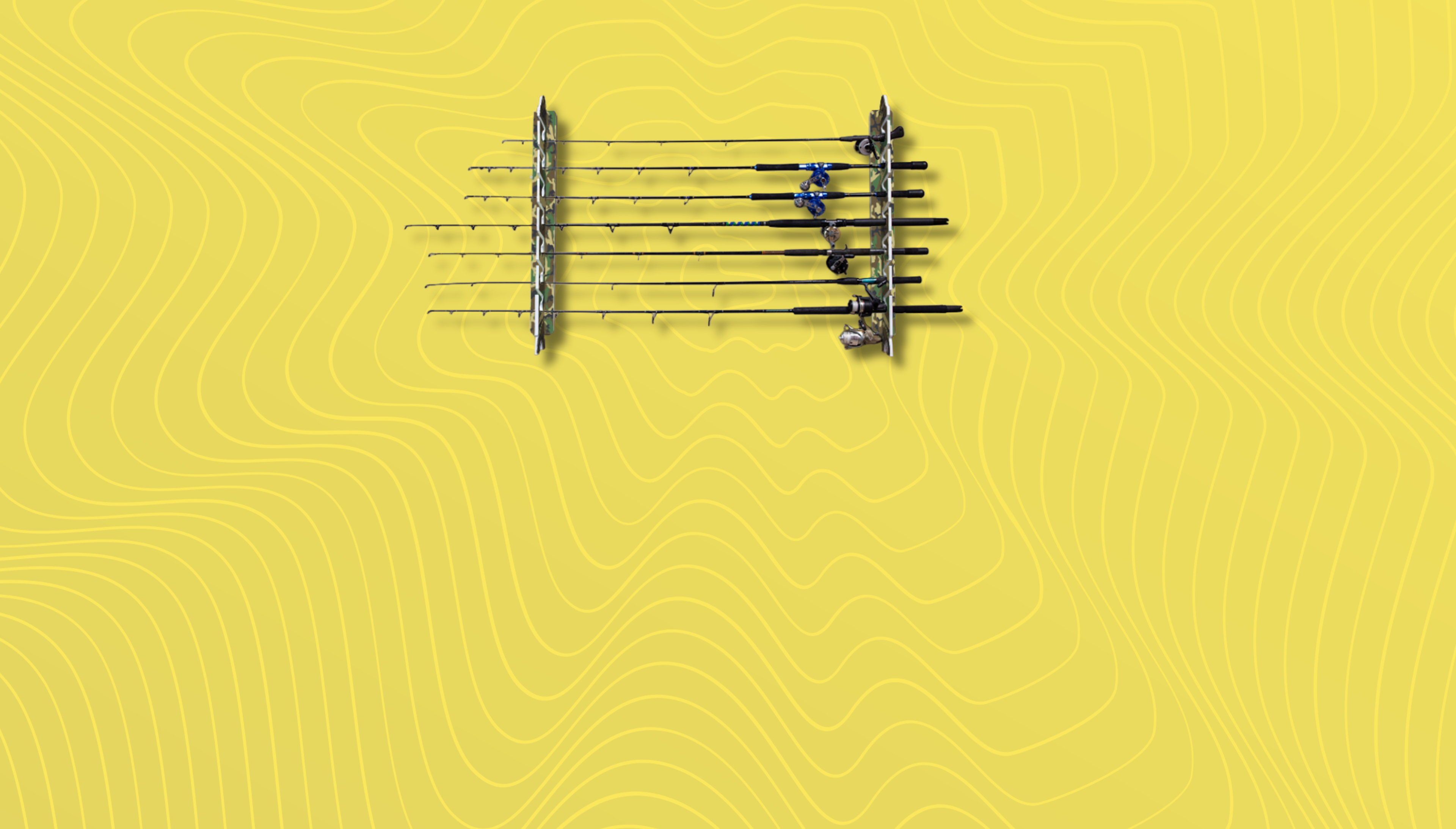 A wall-mounted horizontal fishing rod rack with multiple rods arranged in two vertical columns, shown against a bright yellow background with subtle topographic contour lines.