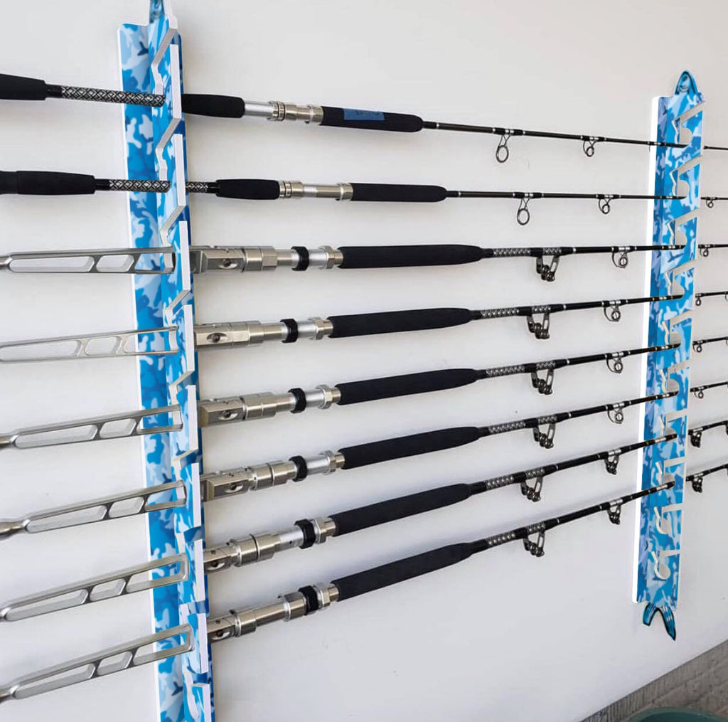 blue camo rod rack mounted on a wall