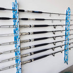 blue camo rod rack mounted on a wall