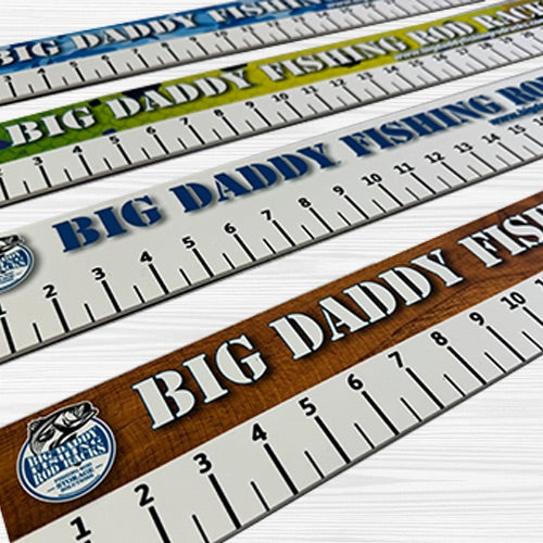 Set of Big Daddy Fishing Ruler with different color options on a white background
