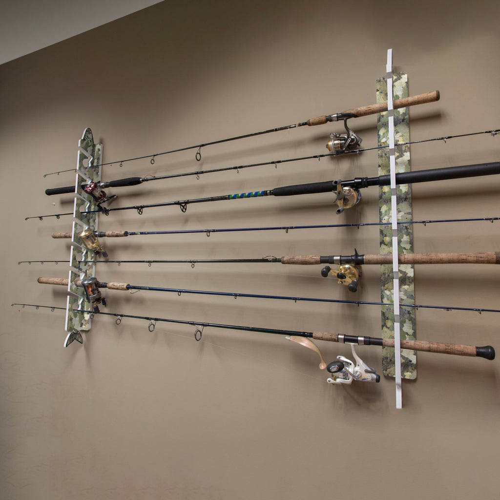 camo rod rack mounted on wall