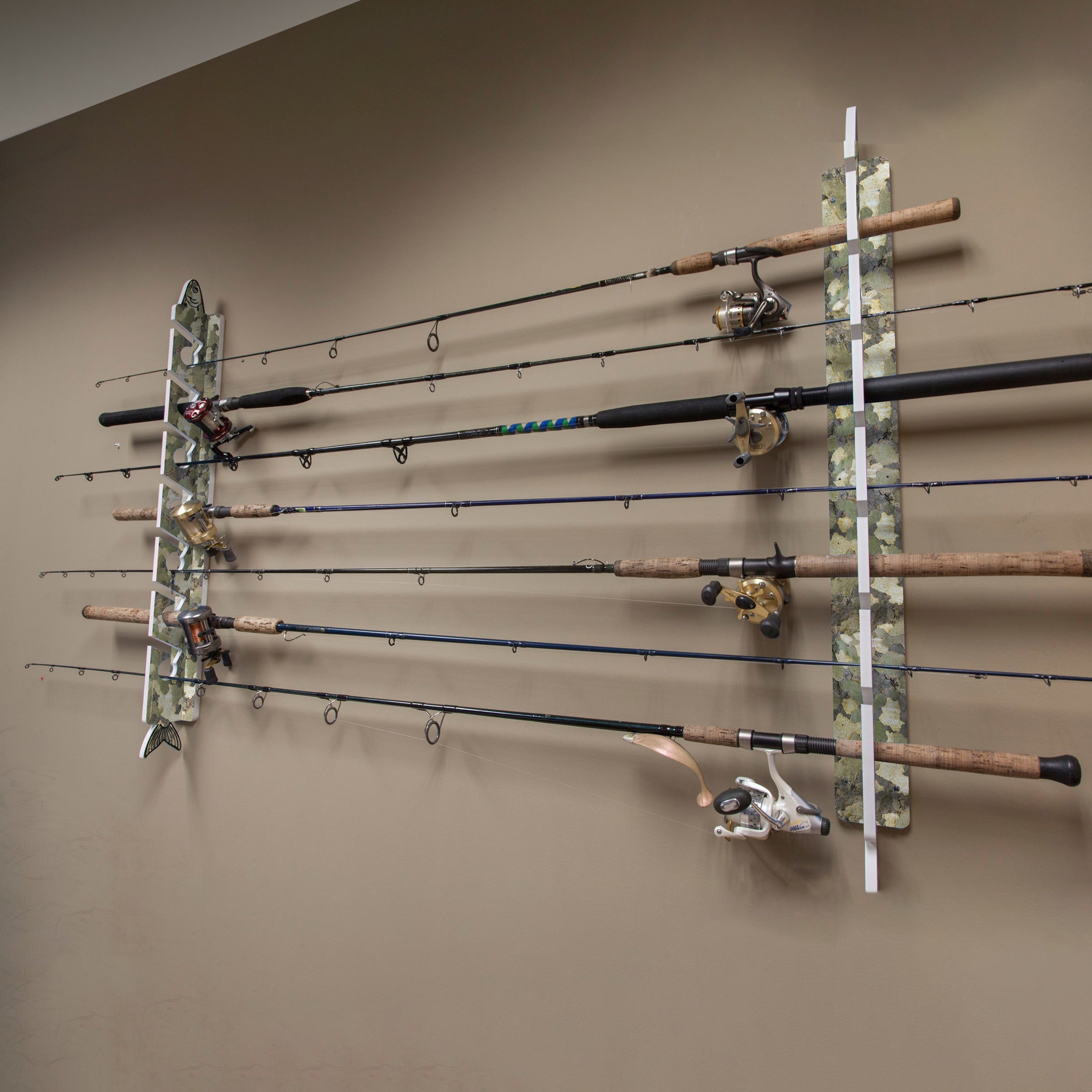 camo rod rack mounted on wall