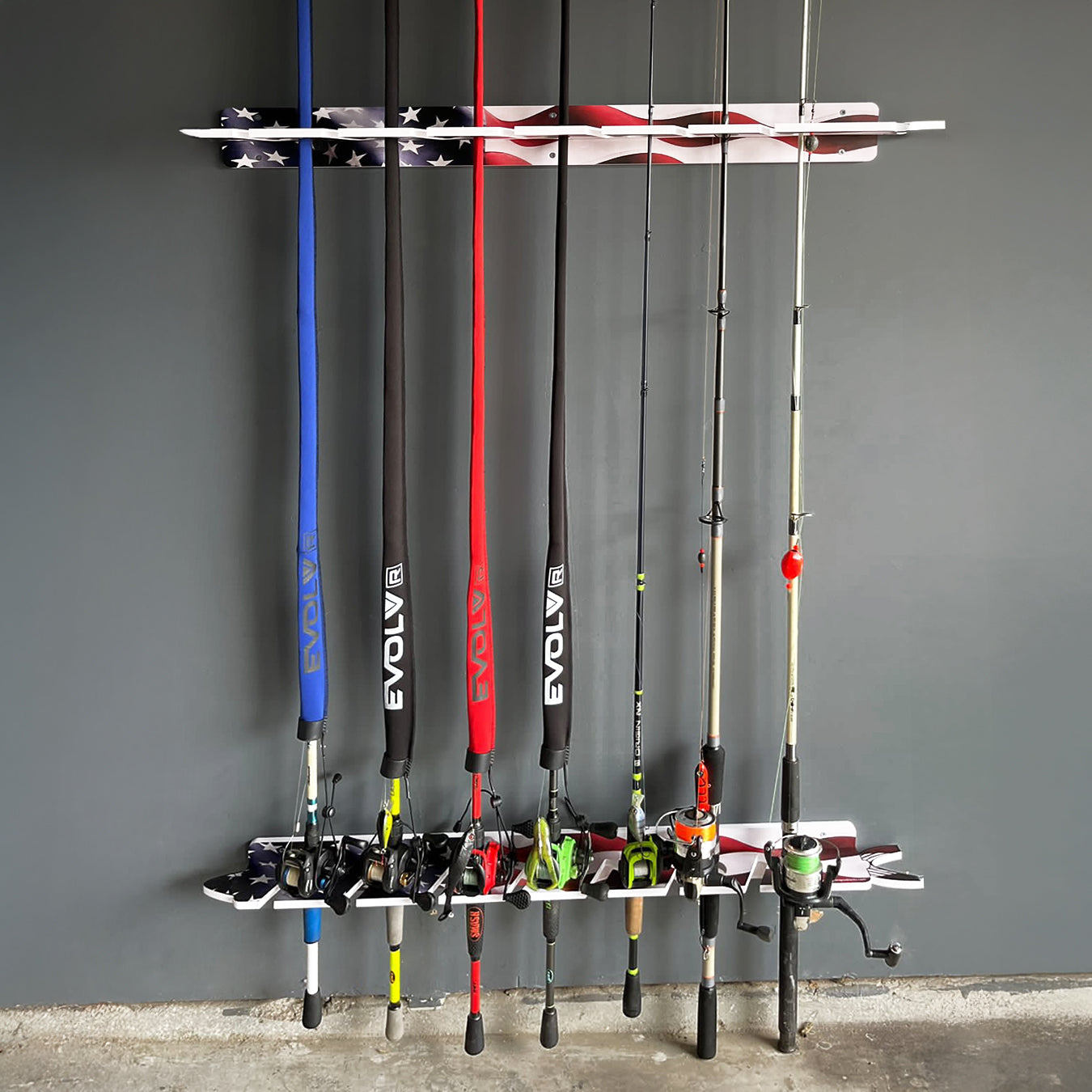 US Flag 7-Pole Fishing Storage Rack (Interlocking) US Flag 7-Pole Fishing Storage Rack (Interlocking)