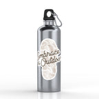 Silver water bottle with 'Embrace the Outdoors' design on a white background