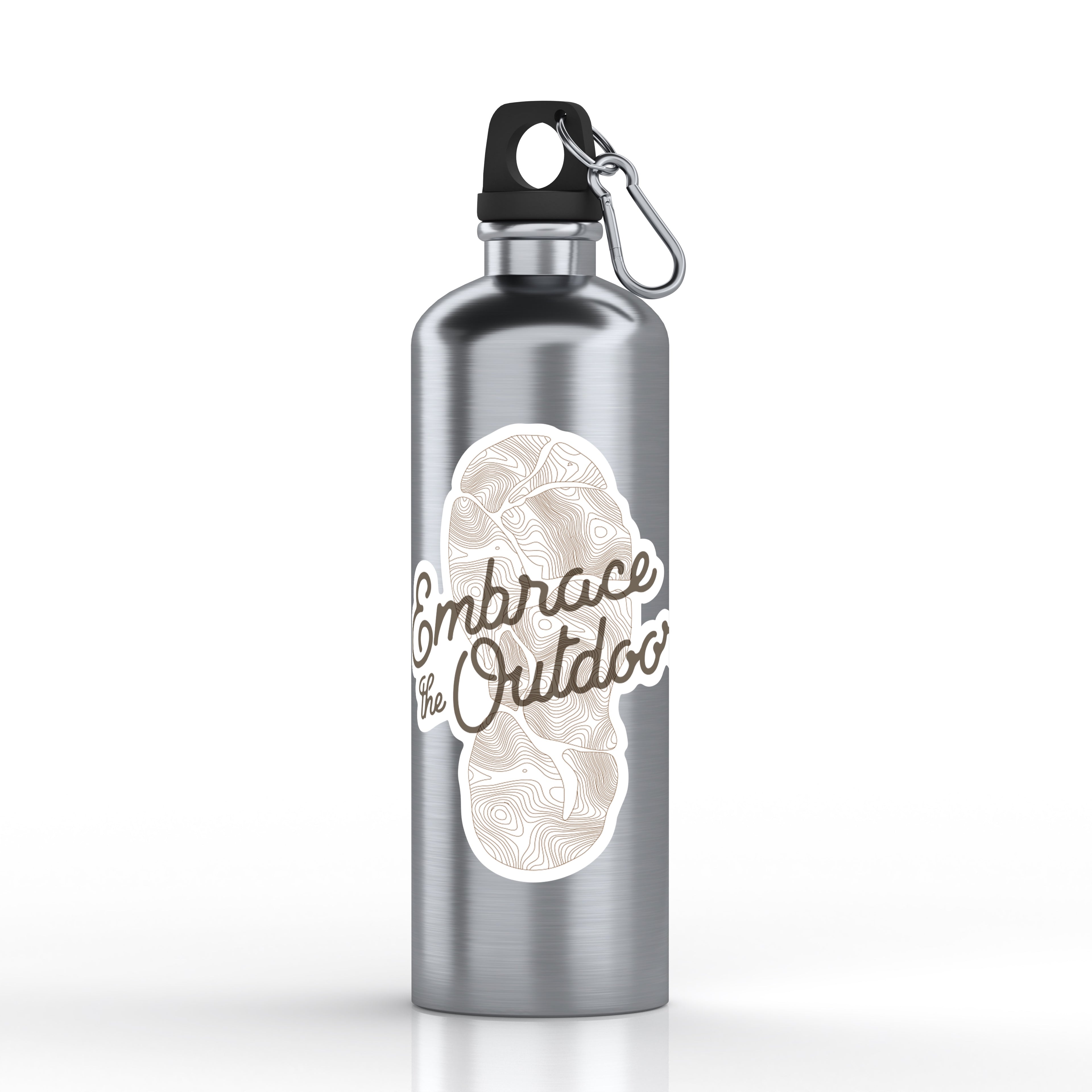 Silver water bottle with 'Embrace the Outdoors' design on a white background