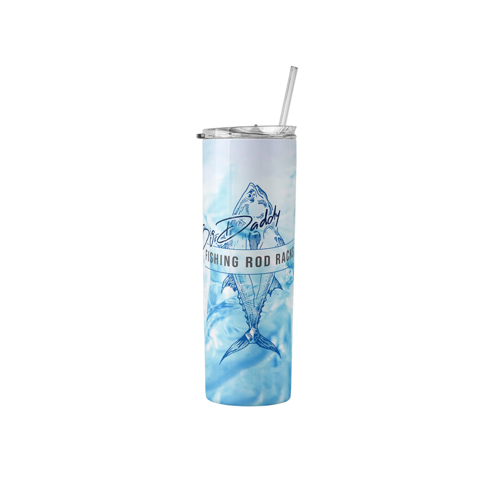 Tumbler with fishing design on a white background