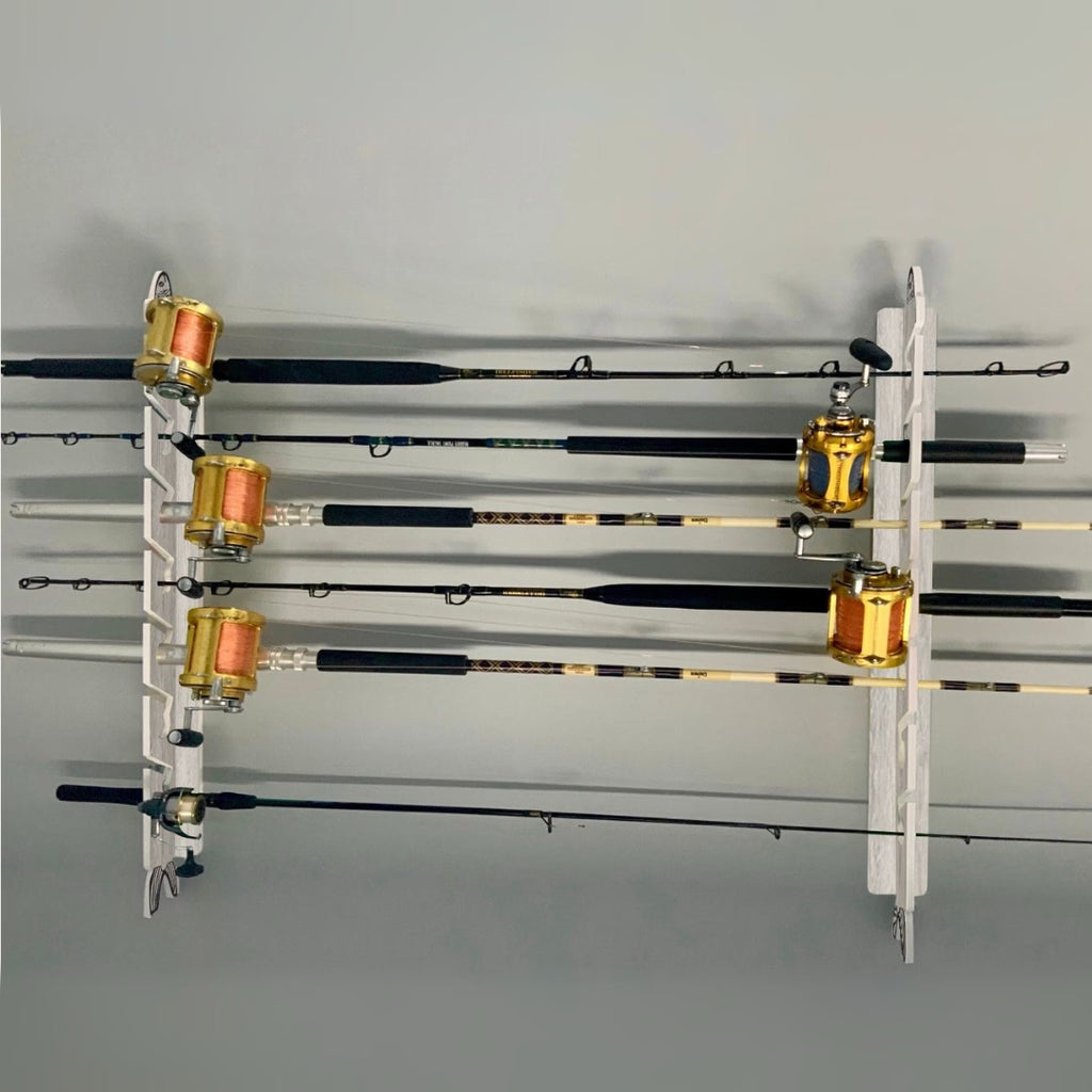 white oak mounted rod rack with fishing poles