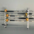 white oak mounted rod rack with fishing poles