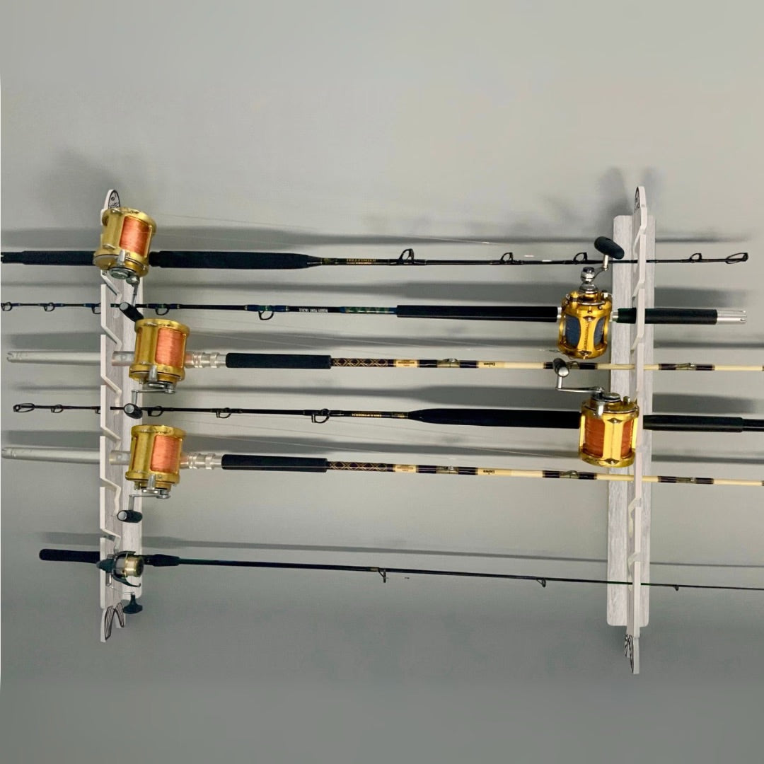 white oak mounted rod rack with fishing poles