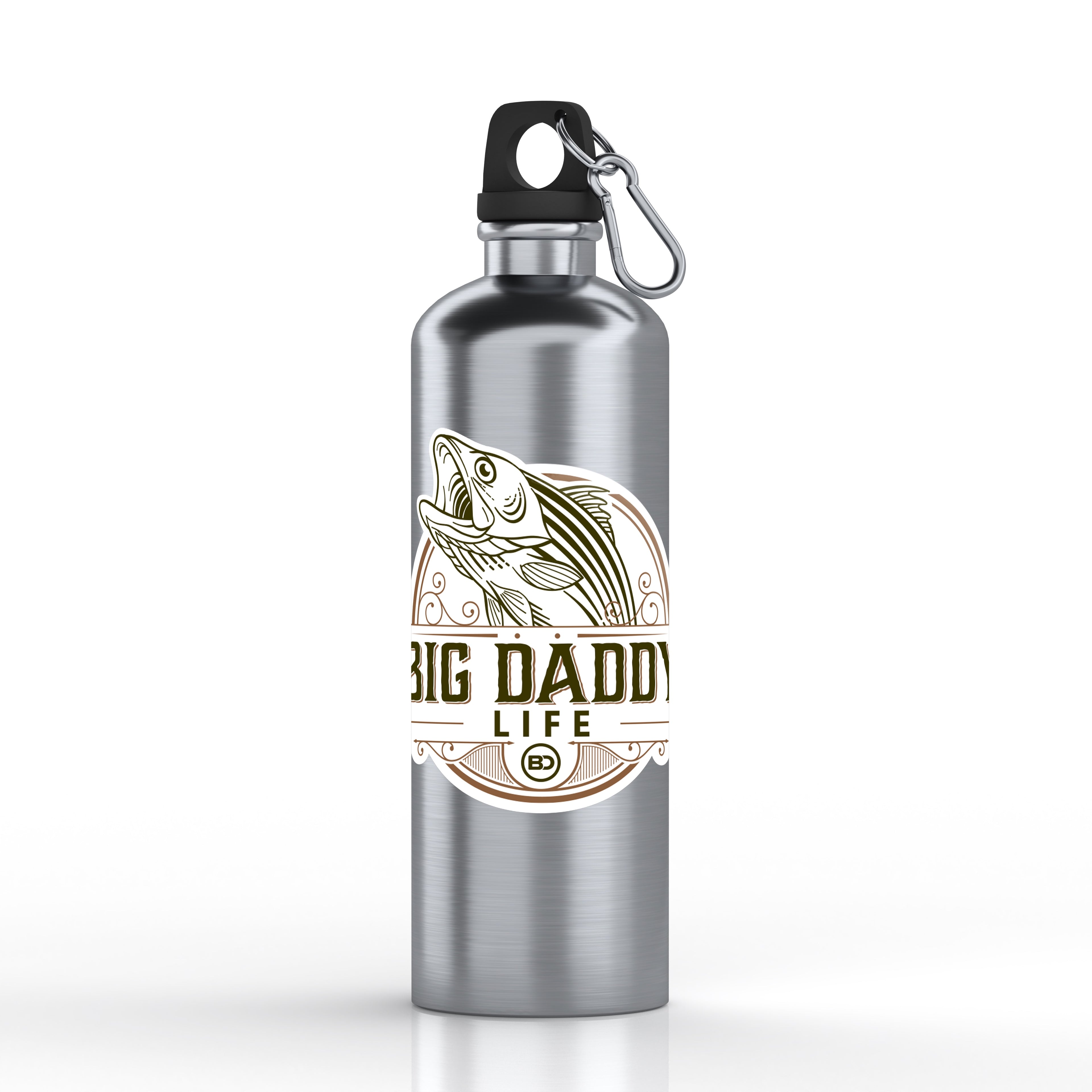 Silver water bottle with 'Big Daddy Life' fishing graphic on a white background