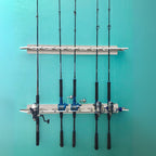 white oak 7 holder rod rack mounted on teal wall