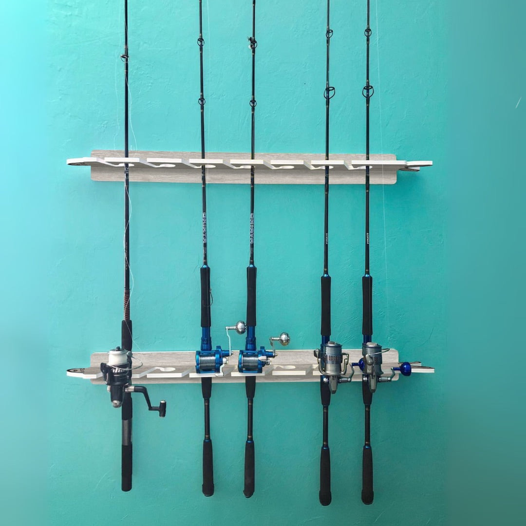 white oak 7 holder rod rack mounted on teal wall