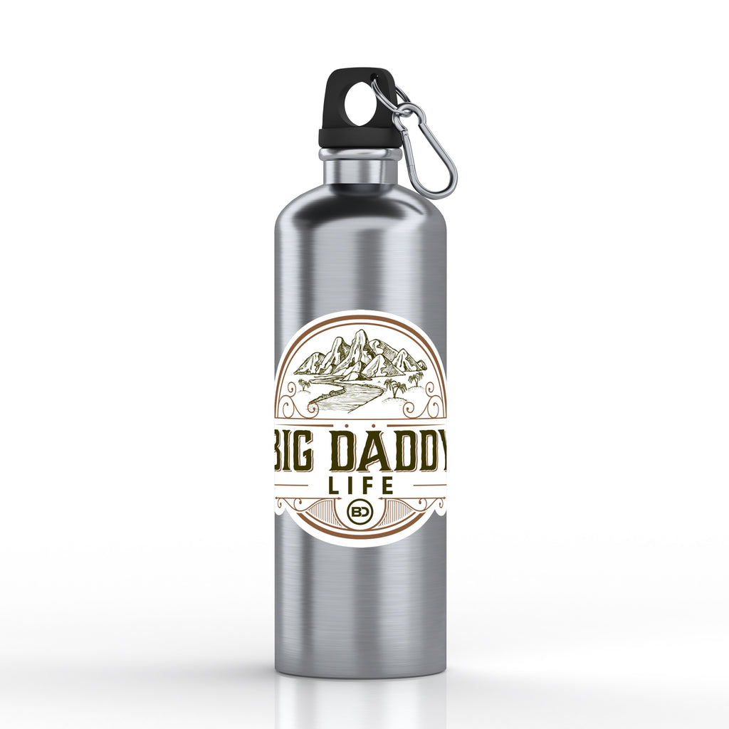 Silver water bottle with 'Big Daddy Life' label on a white background