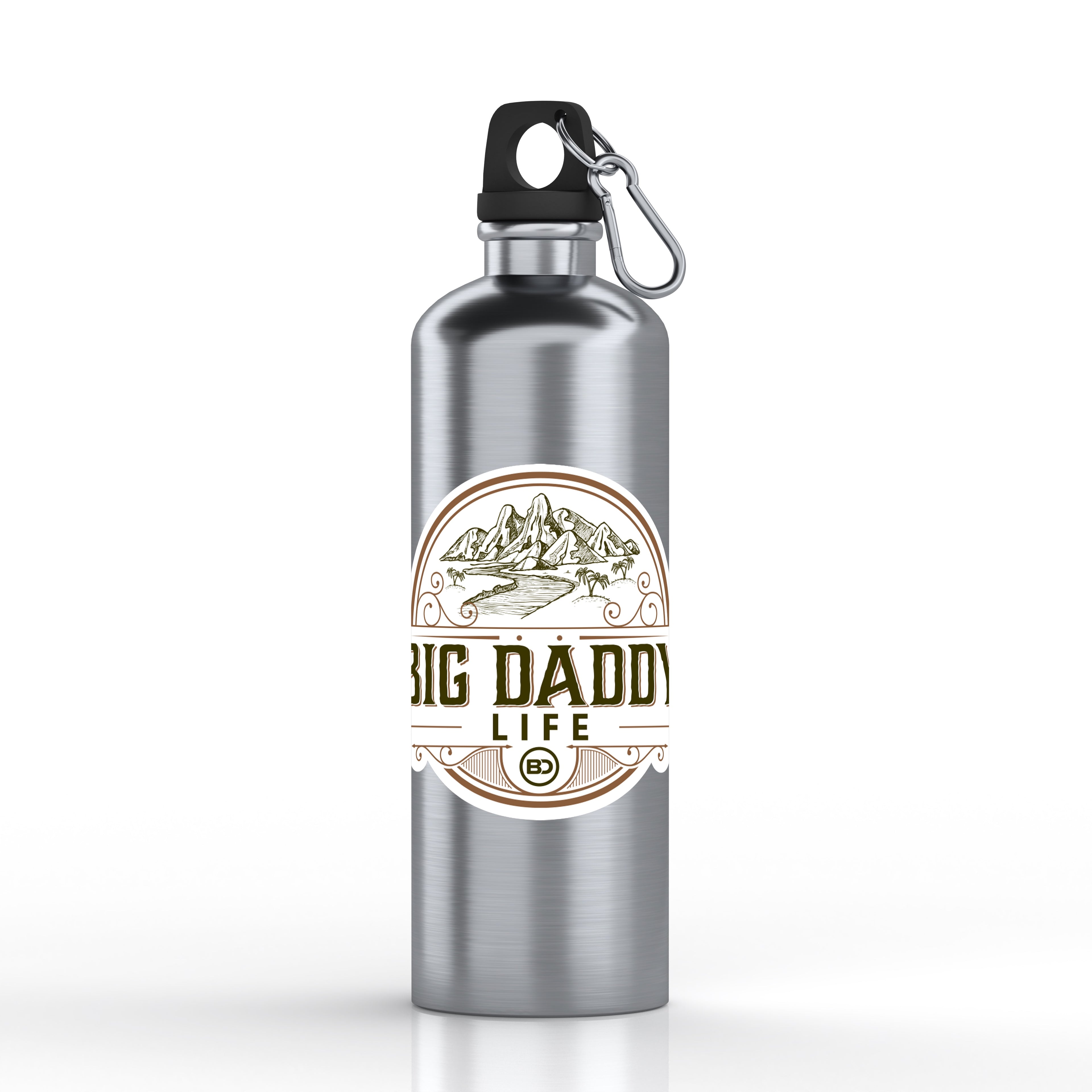 Silver water bottle with 'Big Daddy Life' label on a white background