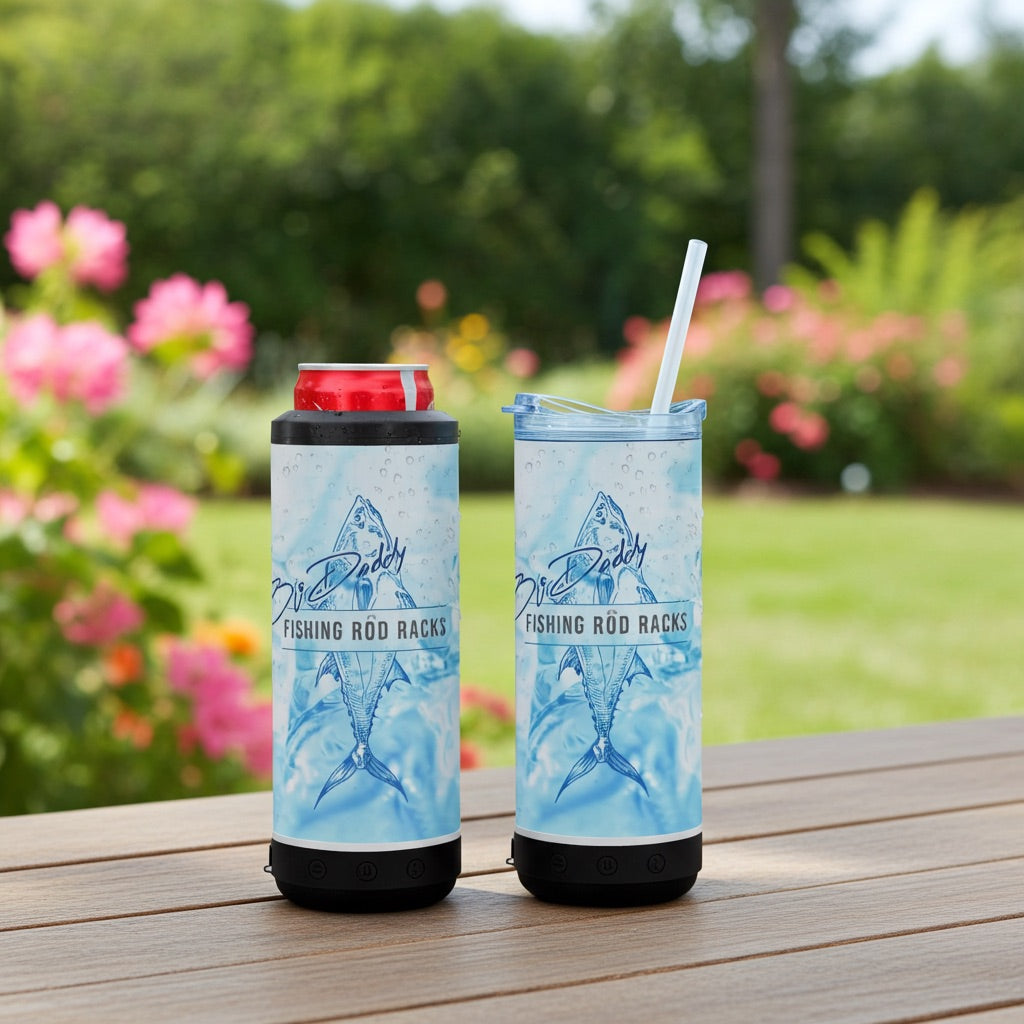 Two blue tumblers with fishing rod racks branding on a wooden table outdoors.