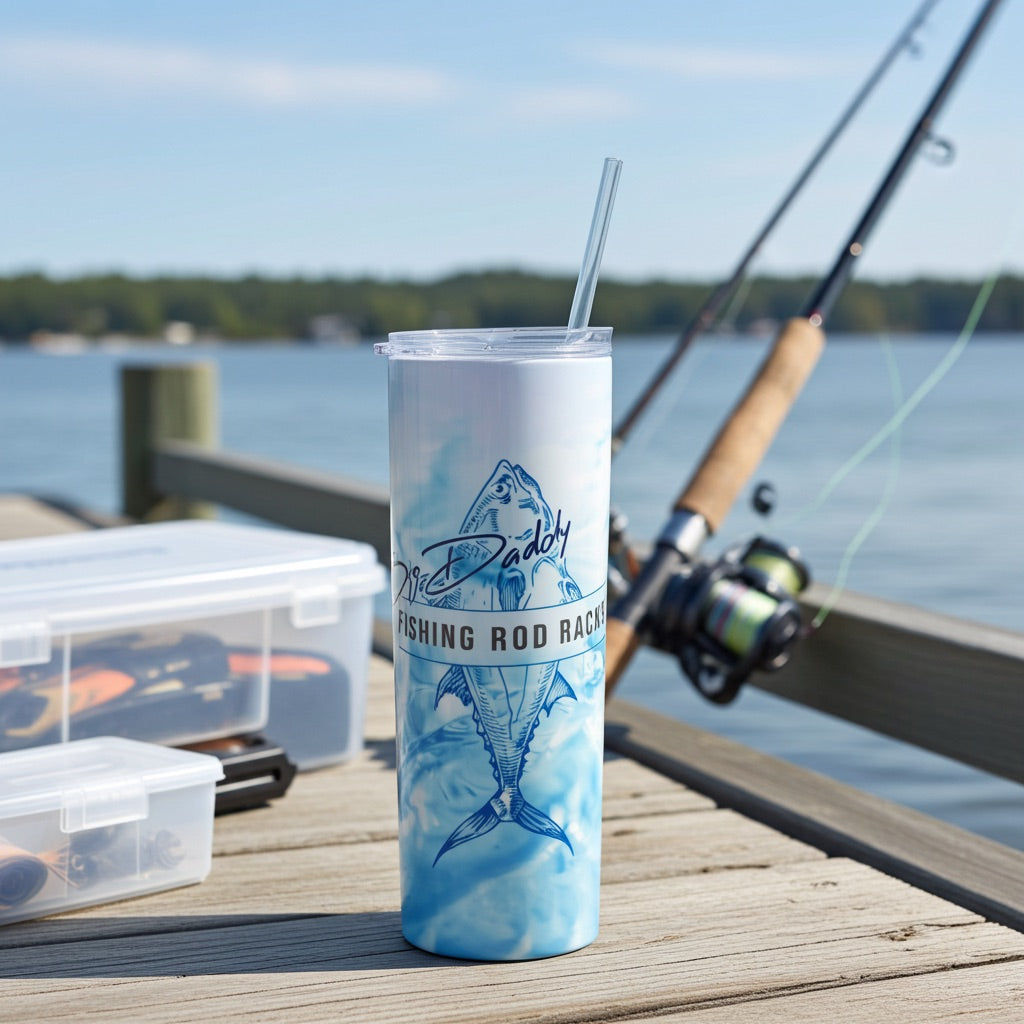 Tumbler with fishing design on a dock by a lake