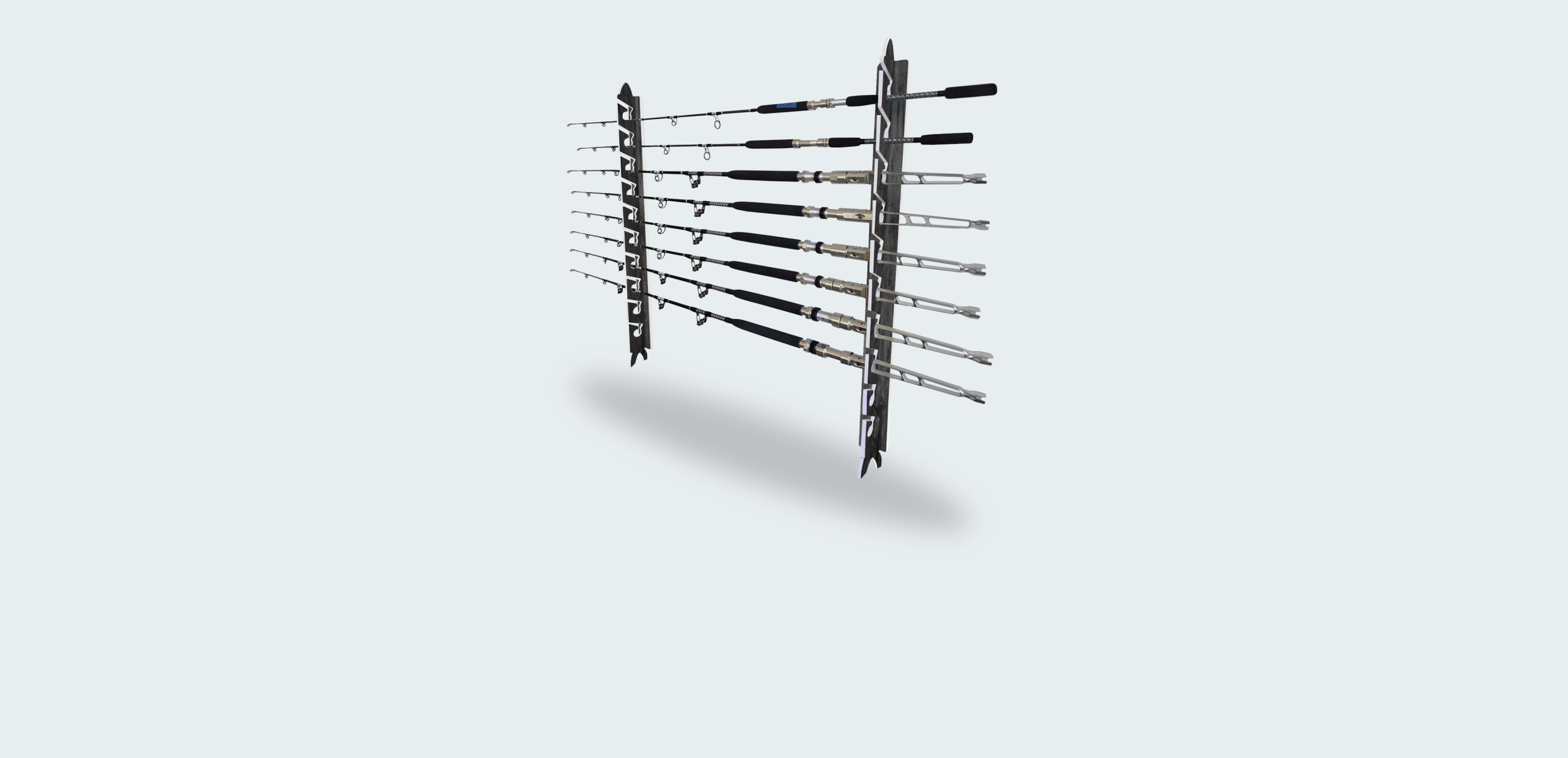 Set of fishing rods on a light gray background