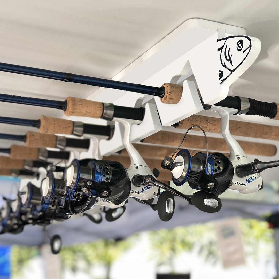 white fishing rod rack mounted on ceiling