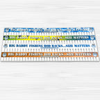 Fishing rod rack measurement chart with colorful text on a white background