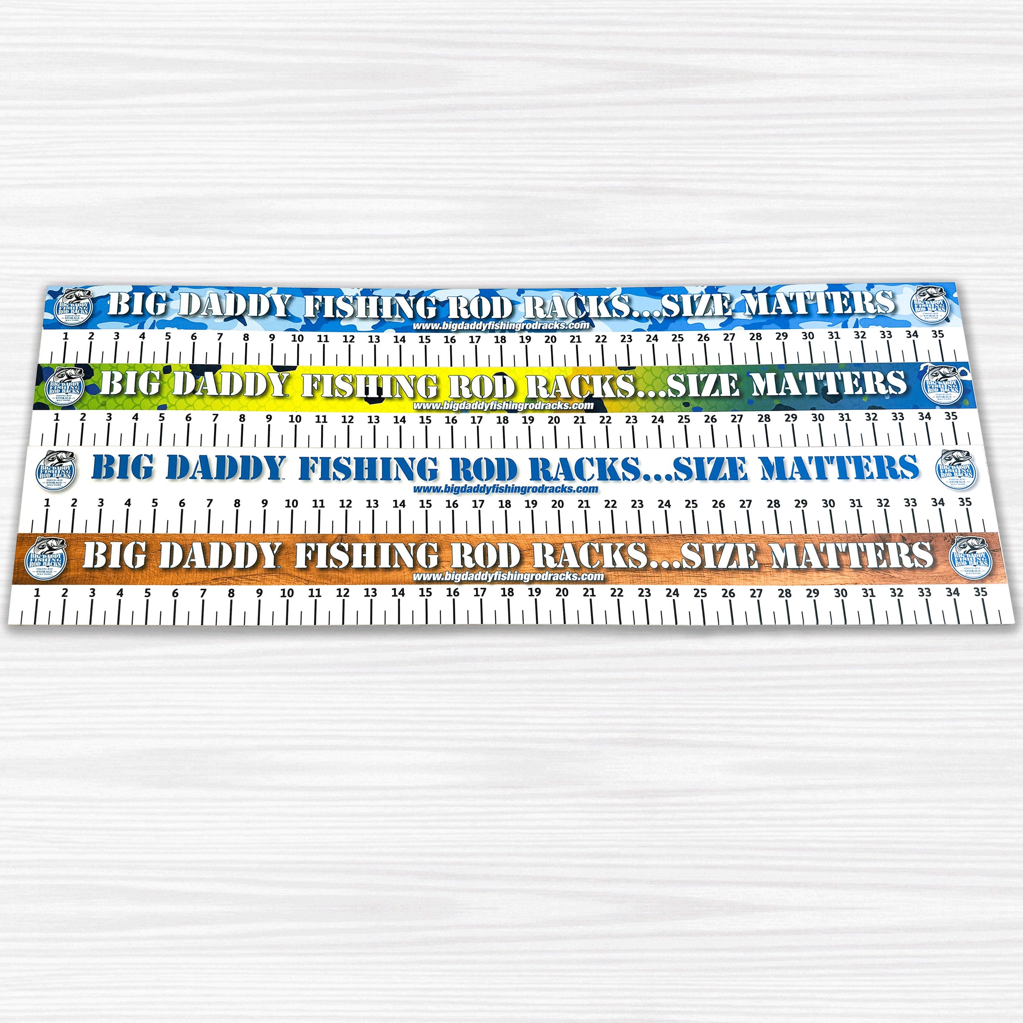 Fishing rod rack measurement chart with colorful text on a white background