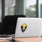 Laptop with a 'BIG DADDY LIFE' sticker on a desk in an office setting