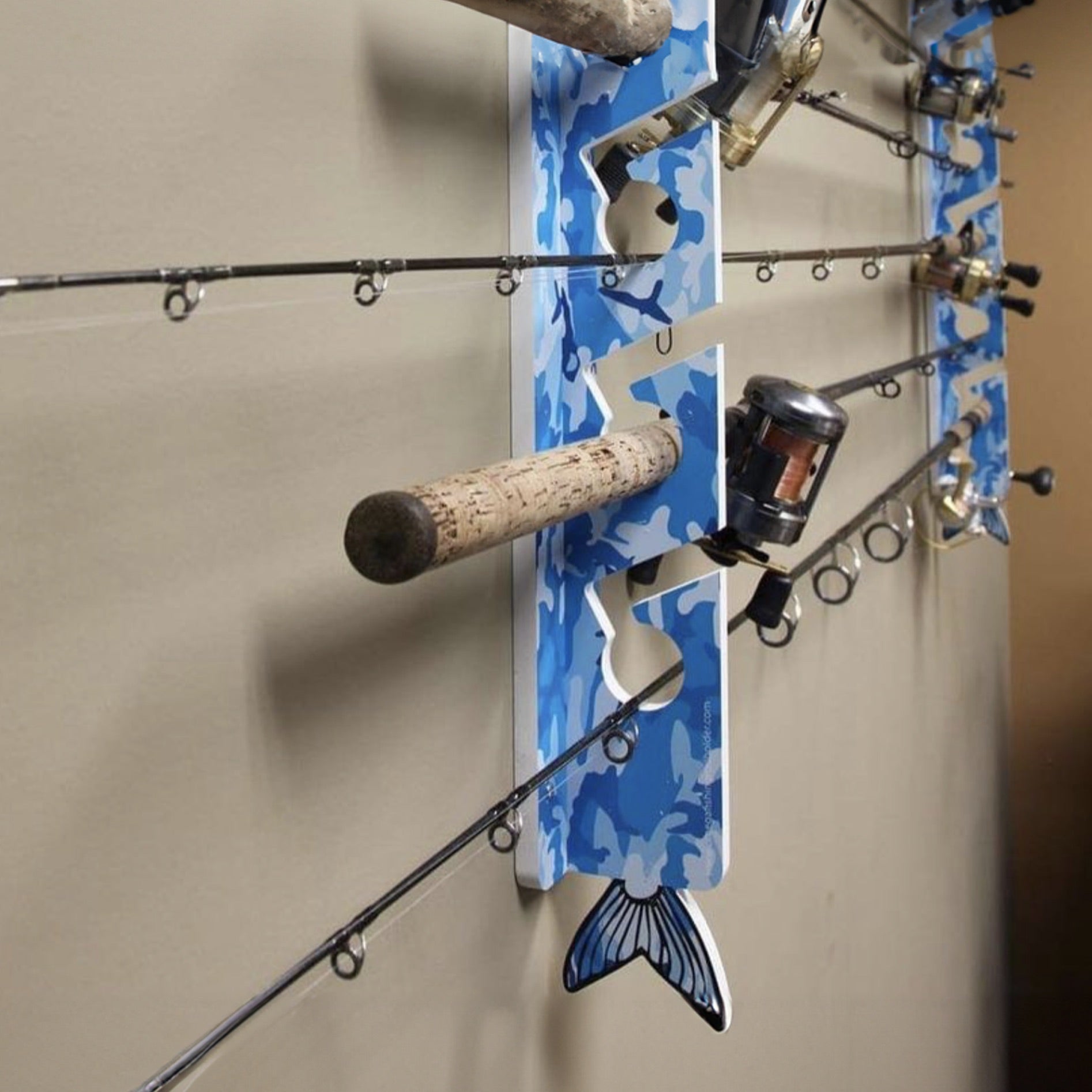 camo fishing rod holder Blue Camo 7-Pole Fishing Storage Rack (NON-Interlocking) – Big Daddy Life