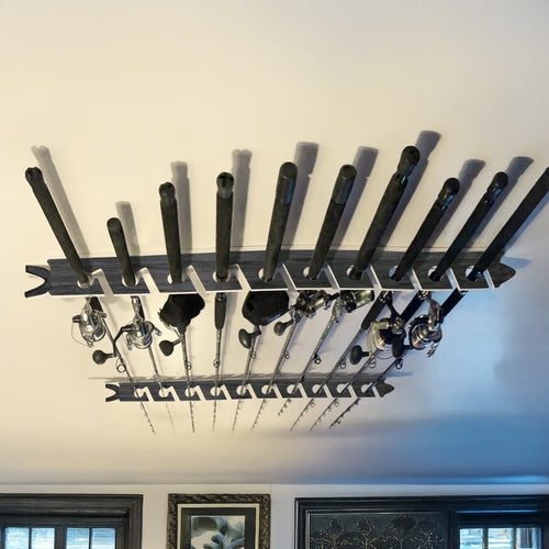 Dark elm ceiling-mounted rack with fishing rods and reels.