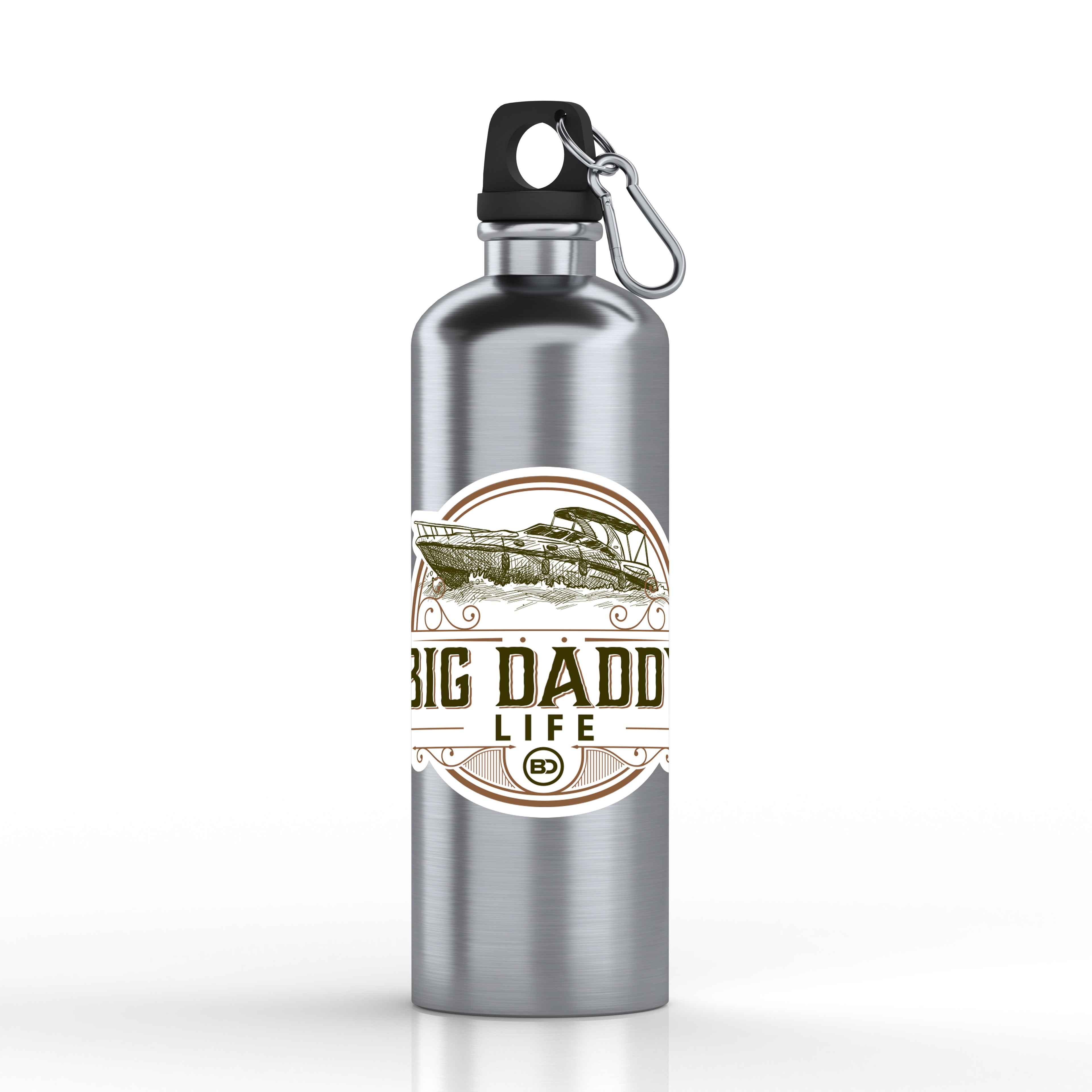 Silver water bottle with 'Big Daddy Life' label on a white background