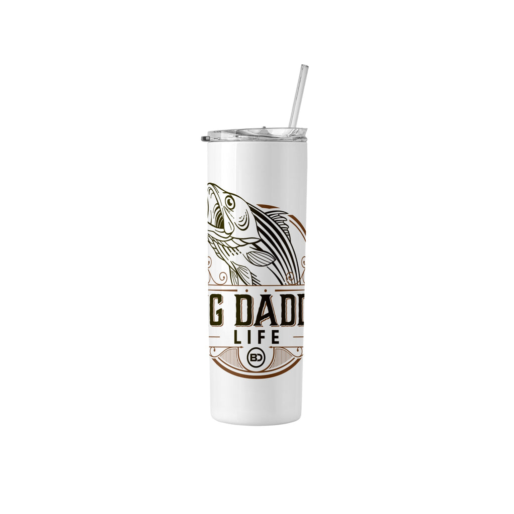 White tumbler with fish design and 'Big Daddy Life' text on a white background