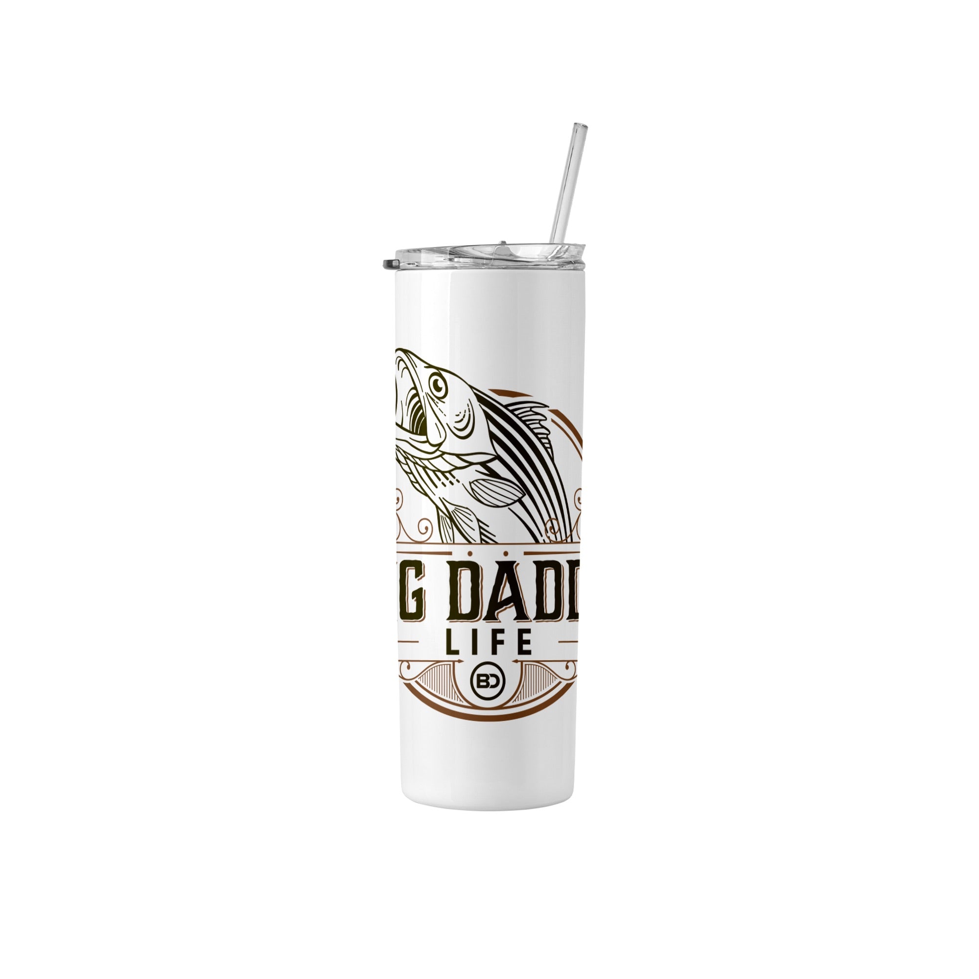 White tumbler with fish design and 'Big Daddy Life' text on a white background