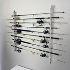 Wall-mounted fishing rod holder with multiple fishing rods on a gray wall.