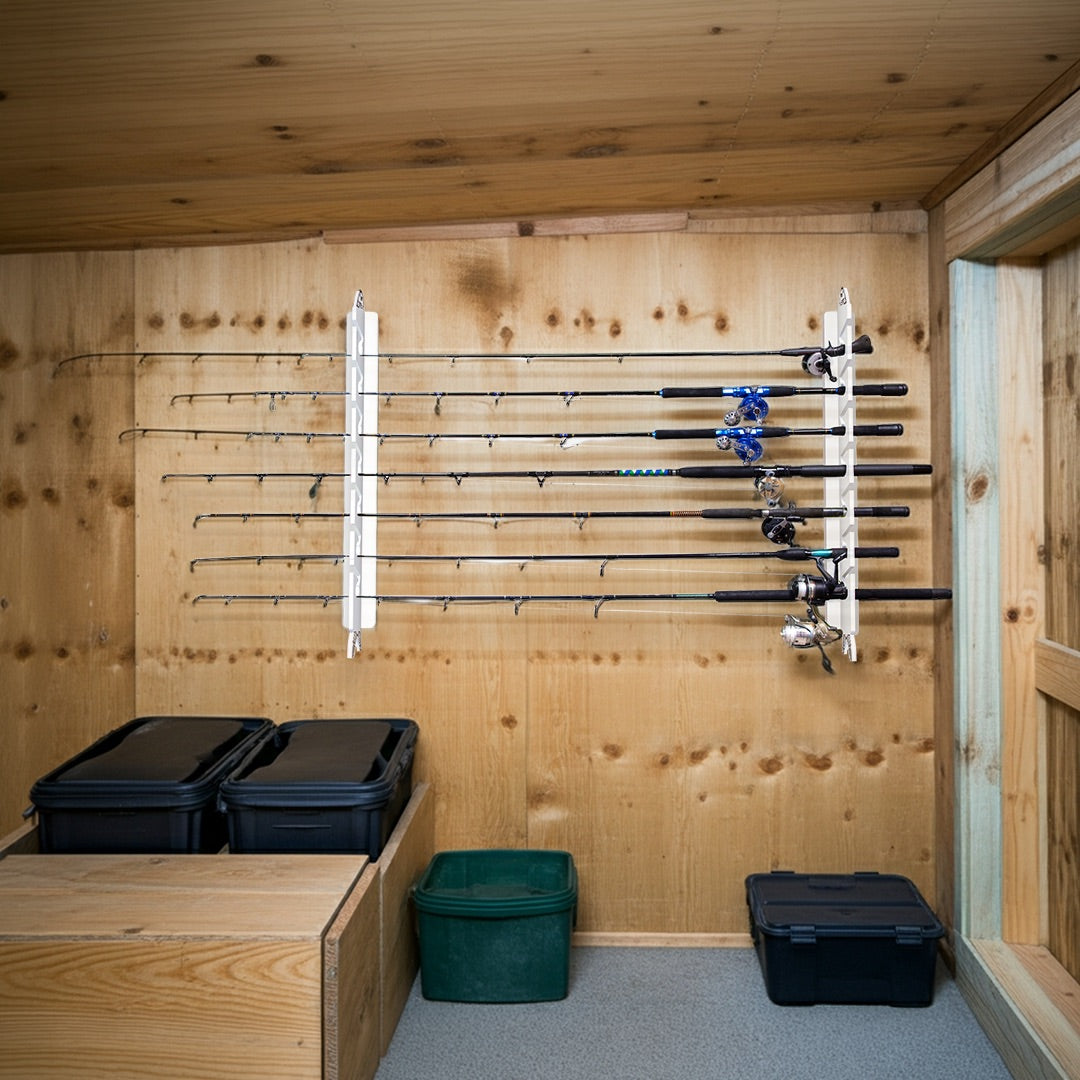 white fishing rod rack horizontally mounted